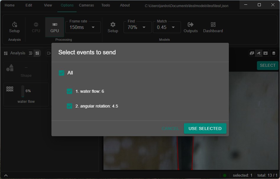 Event selection dialog