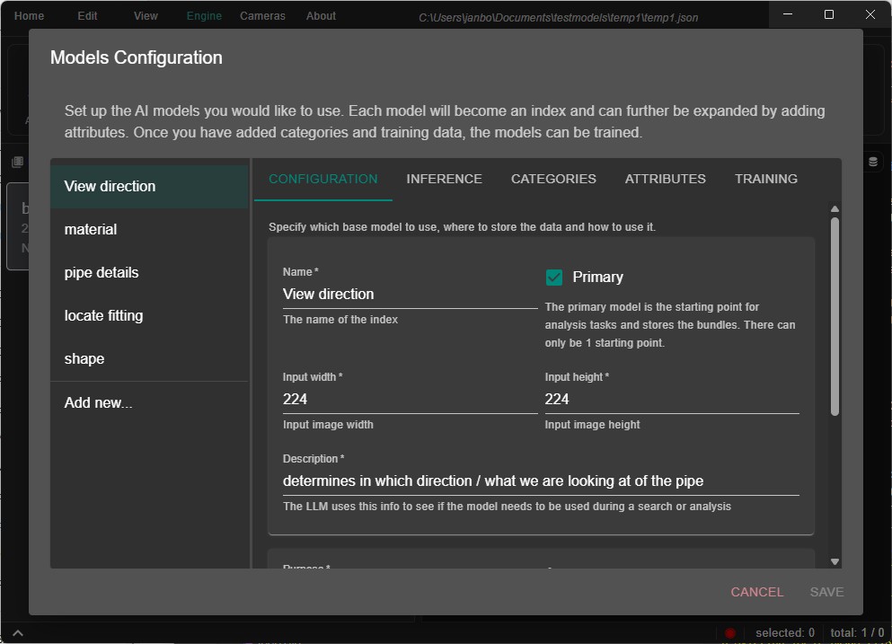 Screenshot placeholder: the Models Configuration dialog with the model list on the left and tabs on the right Models configuration dialog