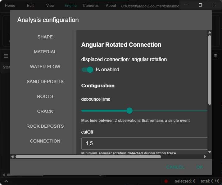Analysis setup dialog